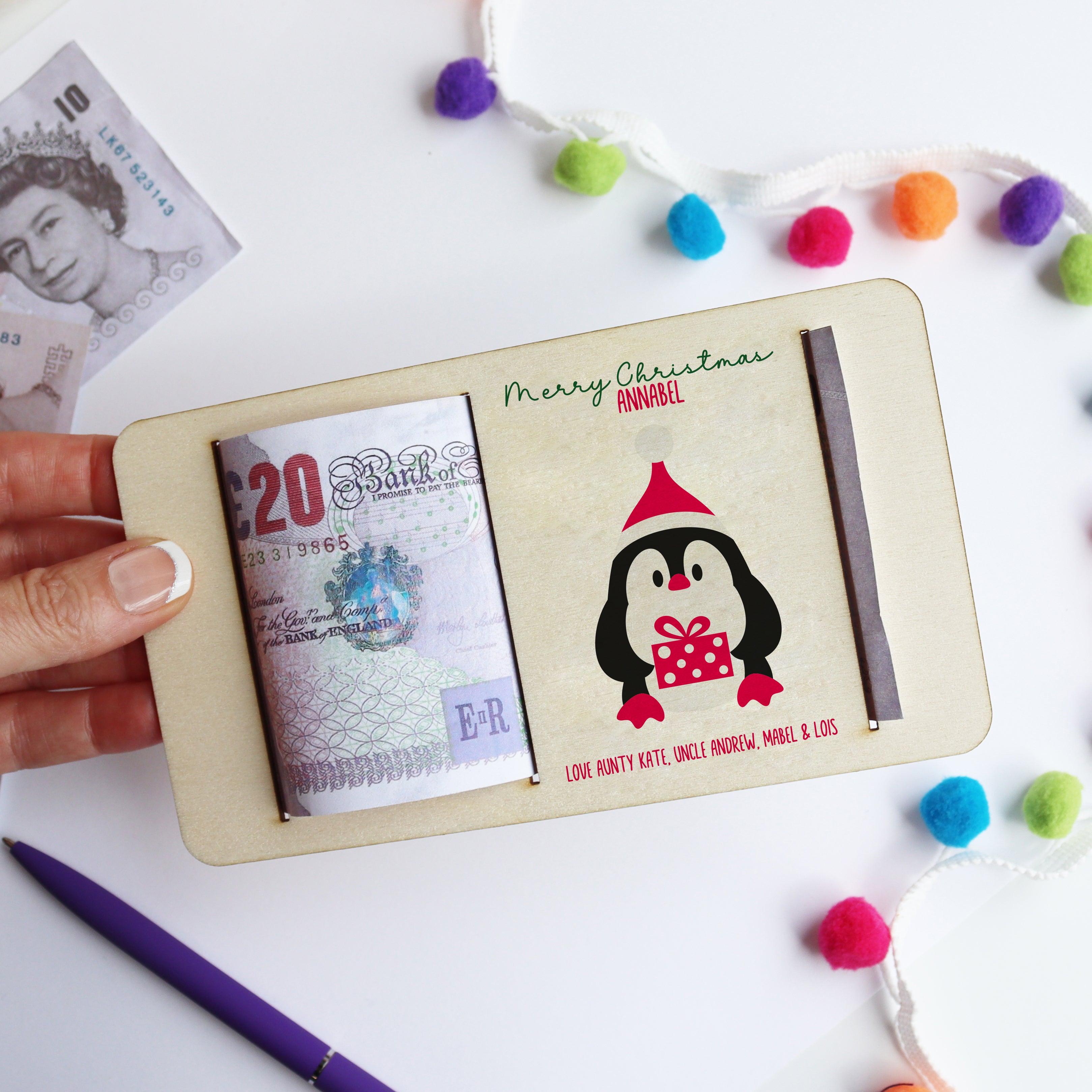 Personalised Christmas Penguin Money Holder