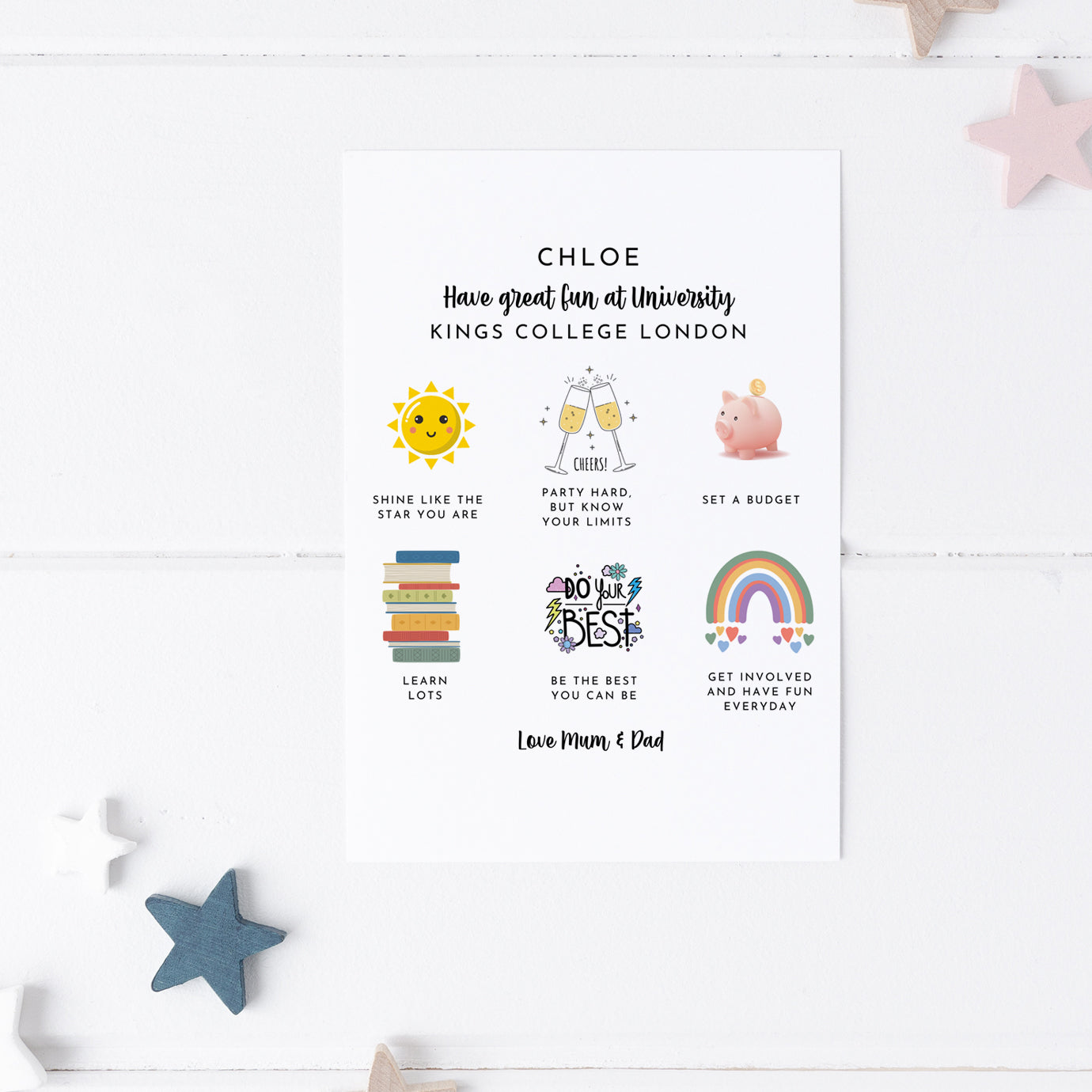 Motivational personalised university greeting card with vibrant colours and cheerful design.
