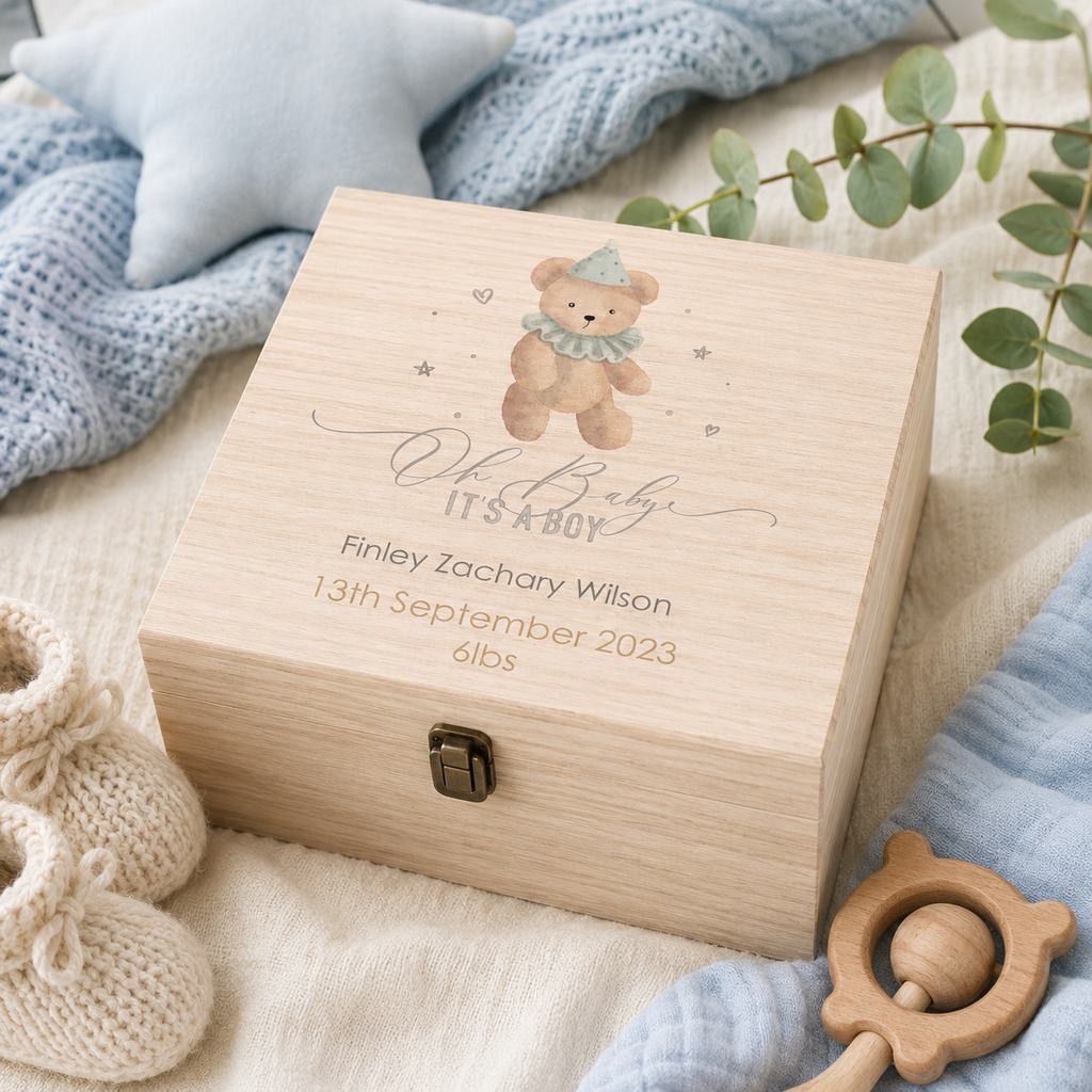 Personalised baby boy keepsake gift box in wood with teddy design, 'Oh Baby It's A Boy' and name