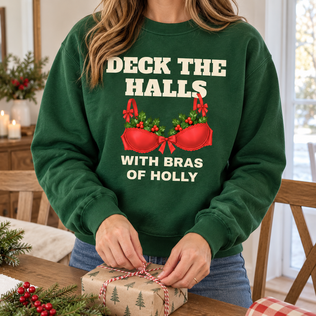 Bottle Green Bras Of Holly Christmas Jumper