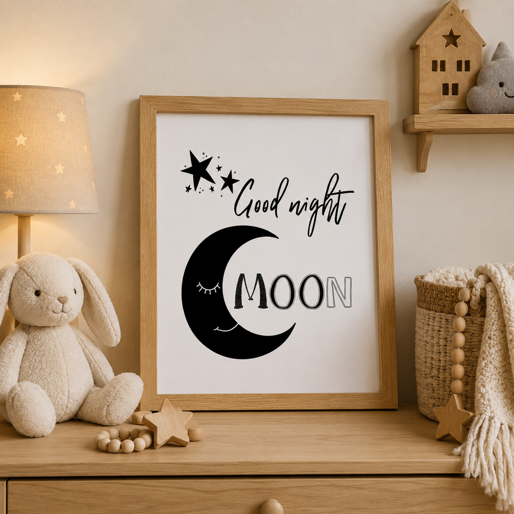 Black and white 'Good night moon' nursery print with moon and stars design
