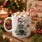 White ceramic mug with festive skeleton and cat design and 'Look At Me Being All Festive'