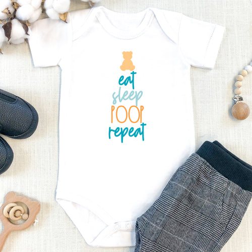 'Eat sleep poop repeat' baby grow with teddy print