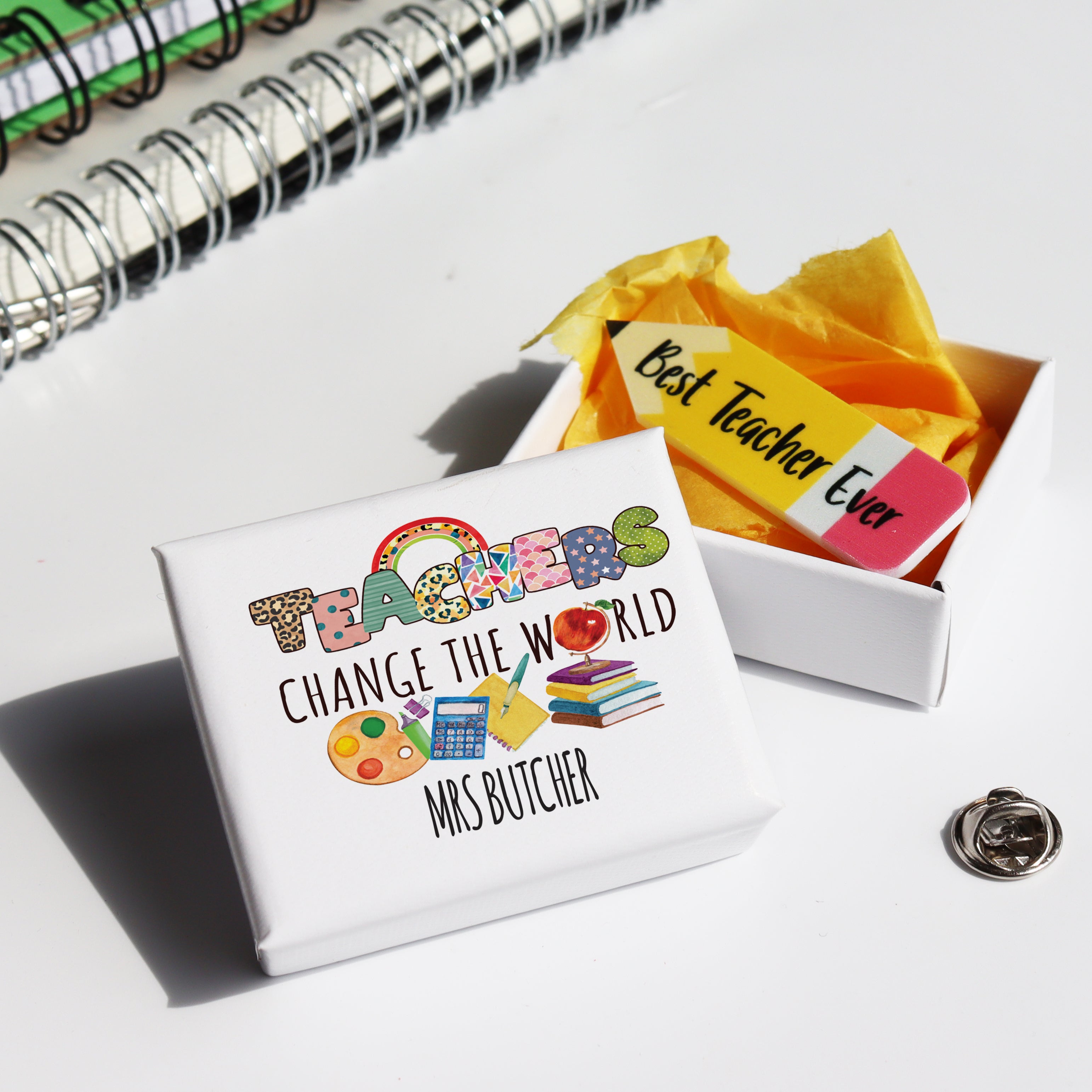Thank you teacher gift set featuring personalised pencil pin badge.