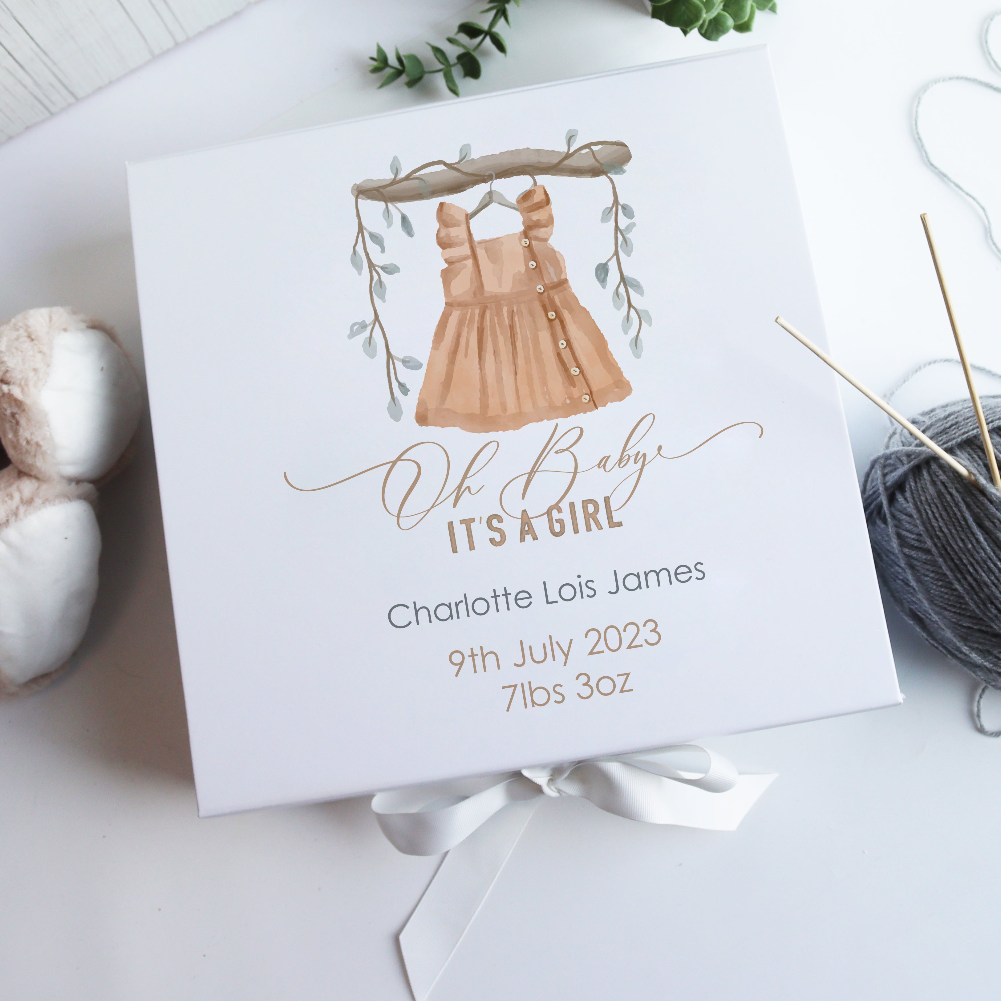 Personalised newborn keepsake box with smooth white finish and hand-drawn illustration, perfect for celebrating a baby’s arrival.