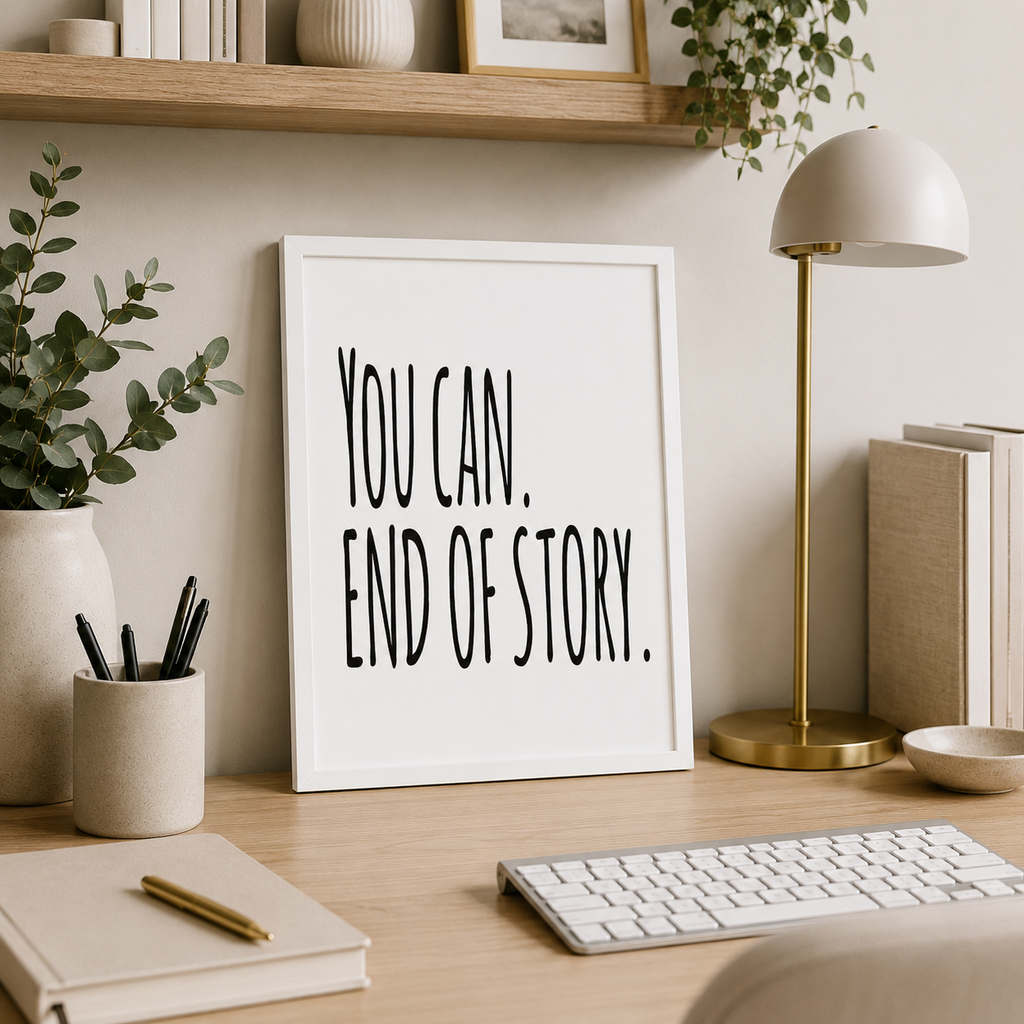 Monochrome motivational print with 'You can. End of story.' slogan