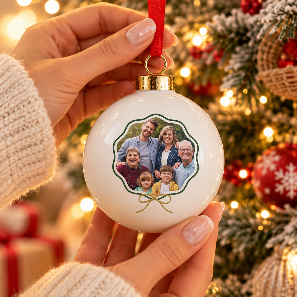 Personalised Scallop Bow Photo Ceramic Bauble