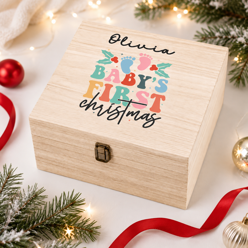 Wooden personalised Christmas Eve box for baby's first Christmas with footprints design