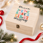 Wooden personalised Christmas Eve box for baby's first Christmas with footprints design