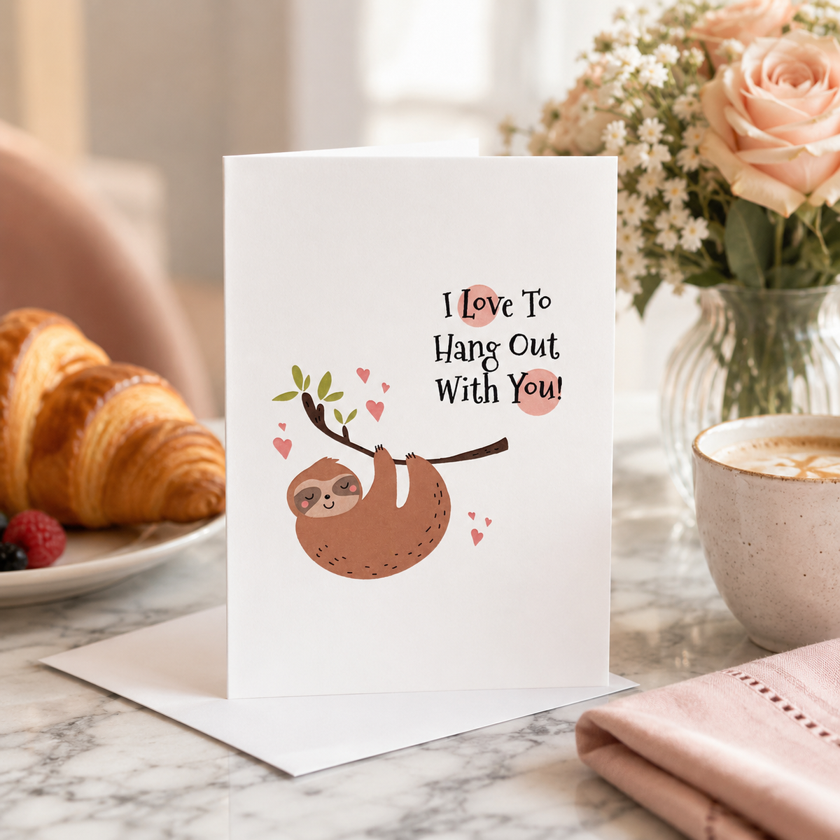 Sloth Valentine's card with hearts, held up beside flowers