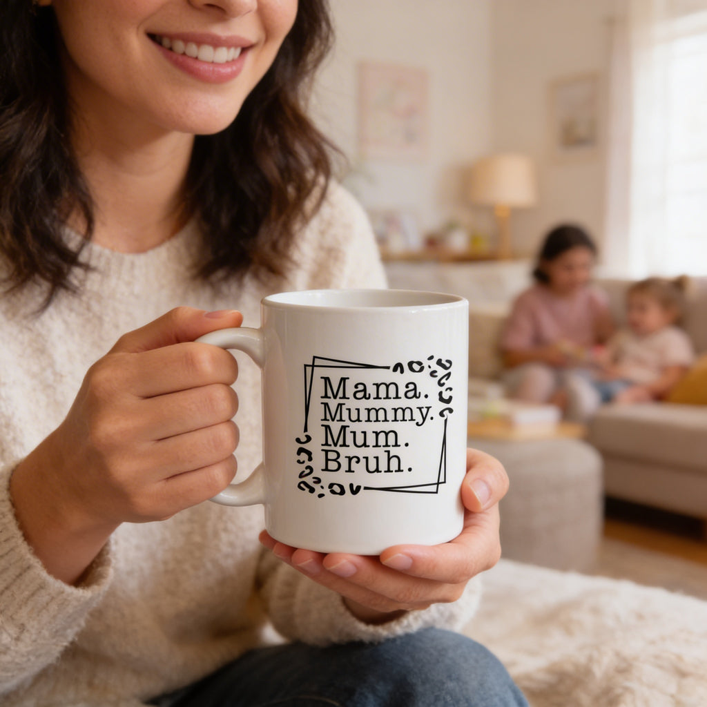 Funny evolution of motherhood mug with 'Mama, Mummy, Mum, Bruh' slogan design