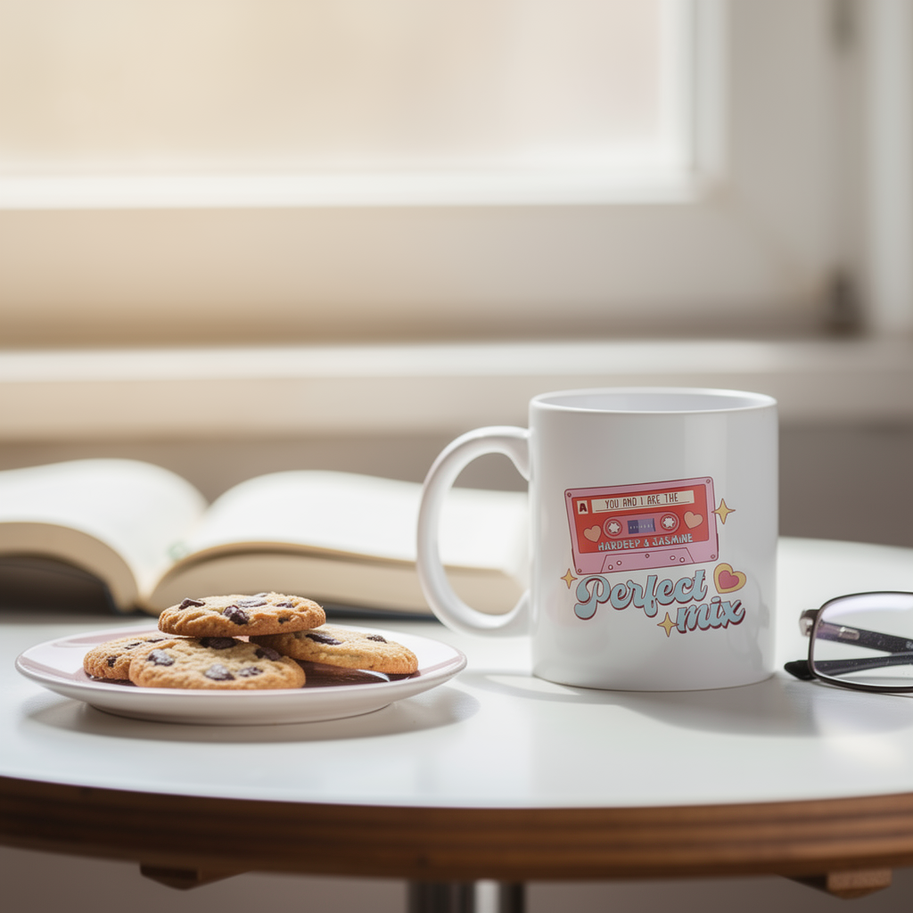 White mug with 'Perfect Mix' design on a table with cookies and an open book.