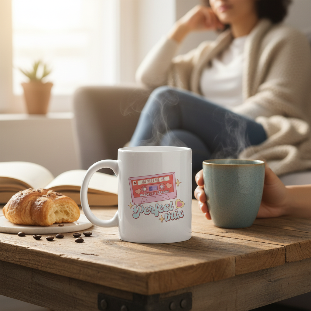 Person sitting on a couch with a mug and croissant on a wooden table, enjoying a cozy moment.