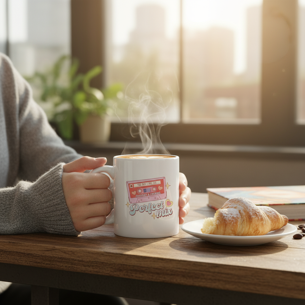 Person holding a mug with 'Delightful Mornings' text, next to a croissant on a wooden table.