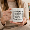 White mug reading 'Mama, Mummy, Mum, Bruh' with leopard print corners, held in hands