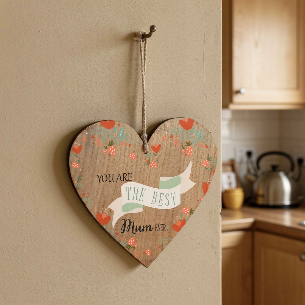 Best Mum Ever Wooden Hanging Heart Plaque