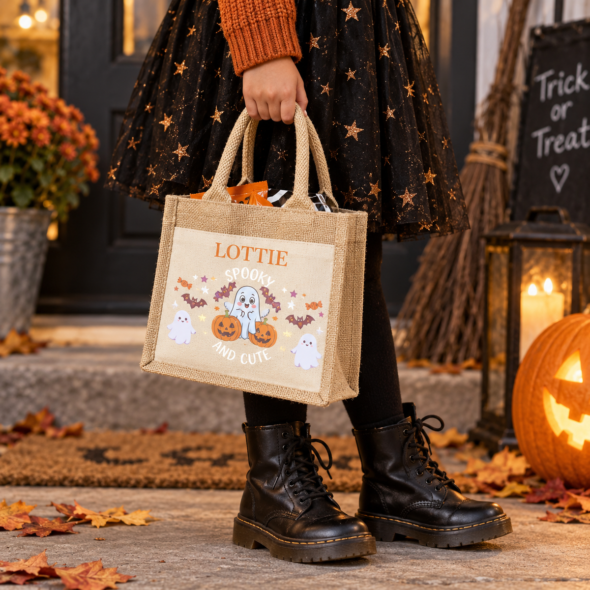 Child in a Halloween costume holding a jute trick or treat bag personalised with the name 'Lottie', printed with ghosts, pumpkins and bats.