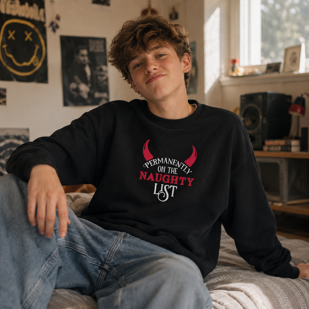 Teenage boy wearing a black Permanently On The Naughty List Christmas jumper in a bedroom with band posters.