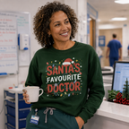 Female doctor in scrubs holding a coffee mug wearing a green Santa's Favourite Doctor Christmas jumper