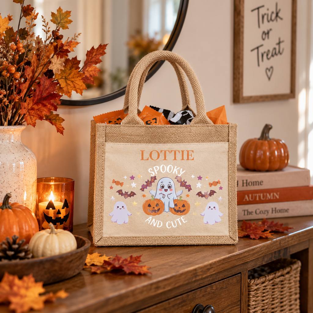 Personalised jute trick or treat bag with the name 'Lottie', styled on a table with autumn leaves, a pumpkin and a lit candle.