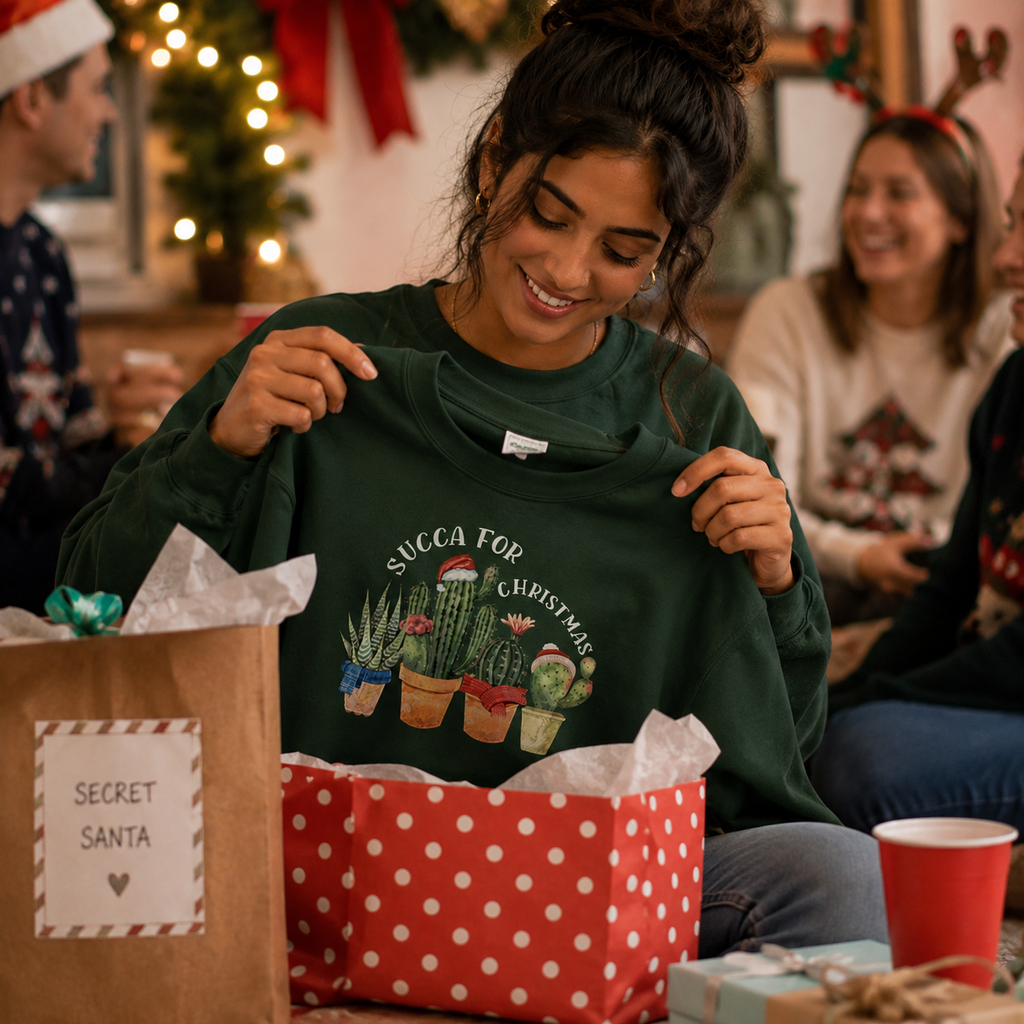 Woman unwrapping a green Succa For Christmas jumper from a Secret Santa gift bag.
