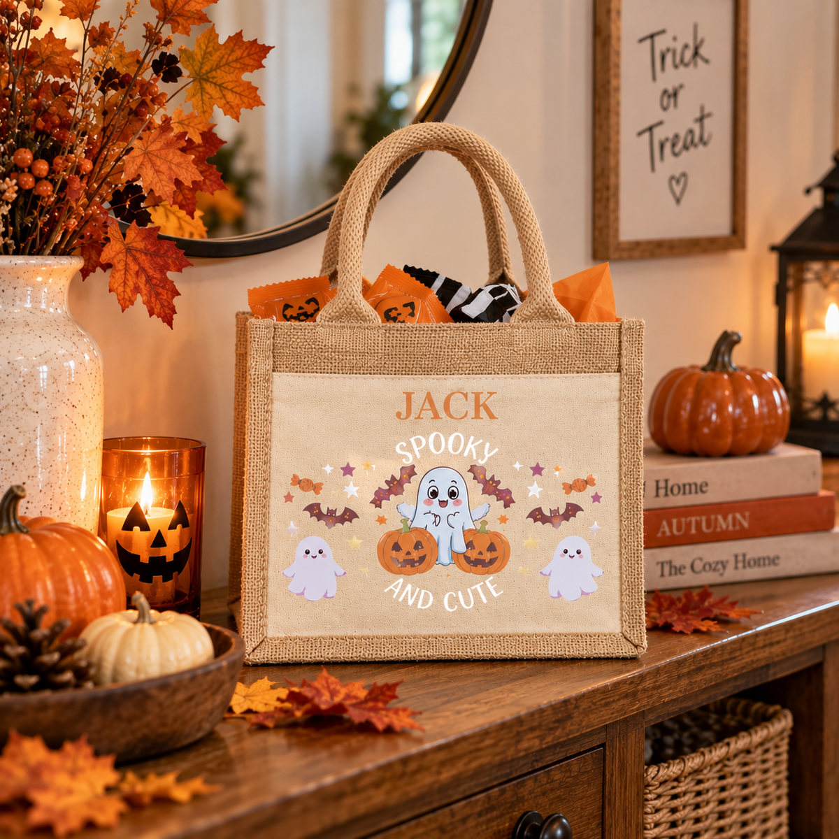 Personalised jute trick or treat bag with the name 'Jack', styled on a table with autumn leaves, a pumpkin and a lit candle.