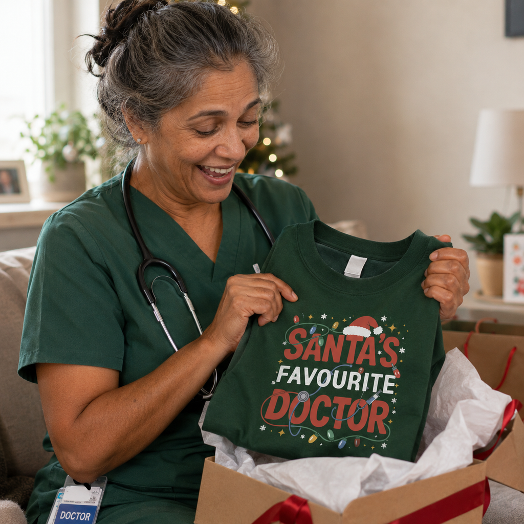 Doctor unwrapping a green Santa's Favourite Doctor Christmas sweatshirt from a gift box