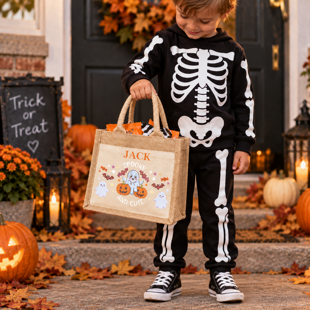 Child in a skeleton Halloween costume holding a jute trick or treat bag personalised with the name 'Jack', on a porch with carved pumpkins.