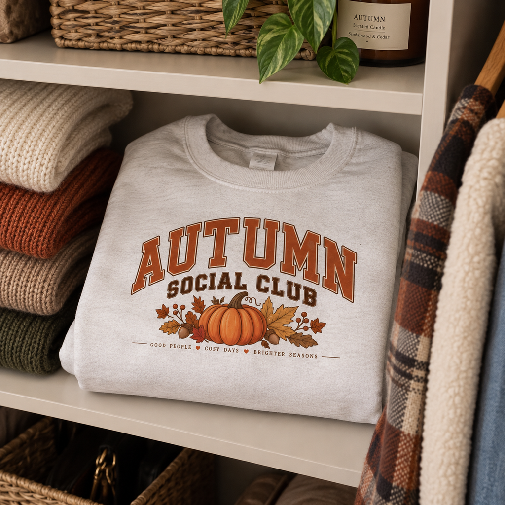 Folded white Autumn Social Club pumpkin sweatshirt on a shelf among knitwear, plants and a plaid throw.