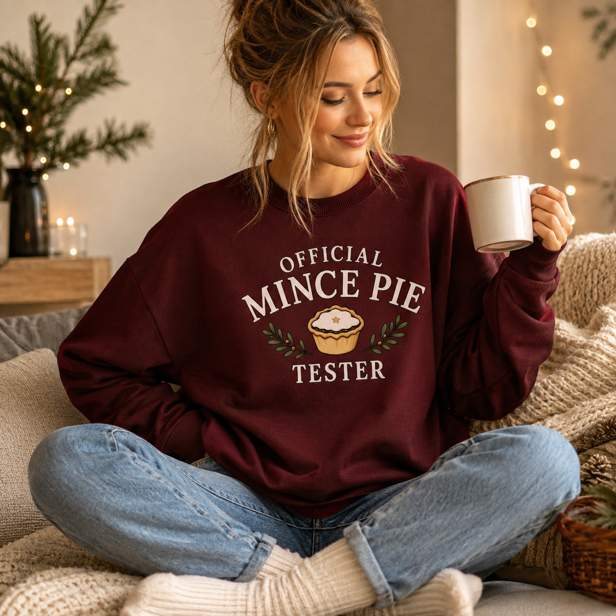 Woman wearing a burgundy Official Mince Pie Tester Christmas jumper, holding a mug on a sofa.