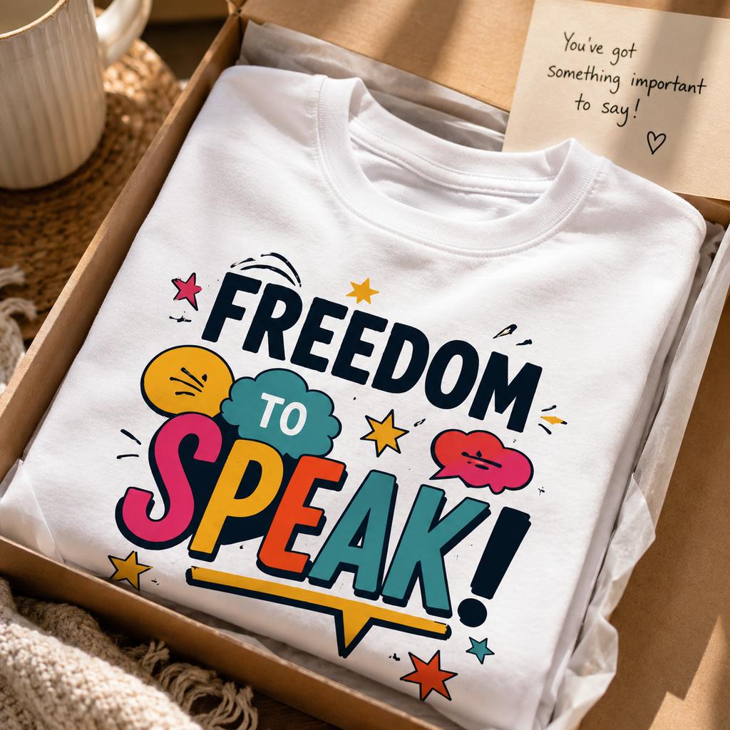 Folded white Freedom To Speak t-shirt in a gift box with a handwritten note card.