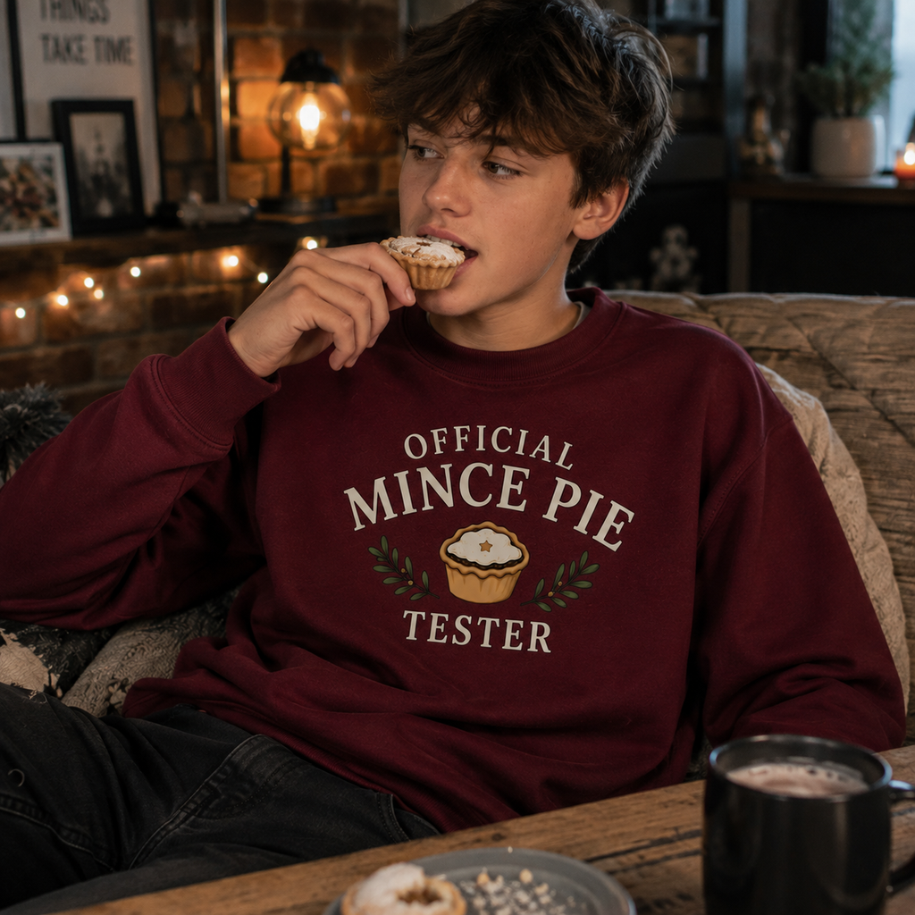 Teenage boy wearing a burgundy Official Mince Pie Tester Christmas jumper, eating a mince pie on a fairy-lit sofa.