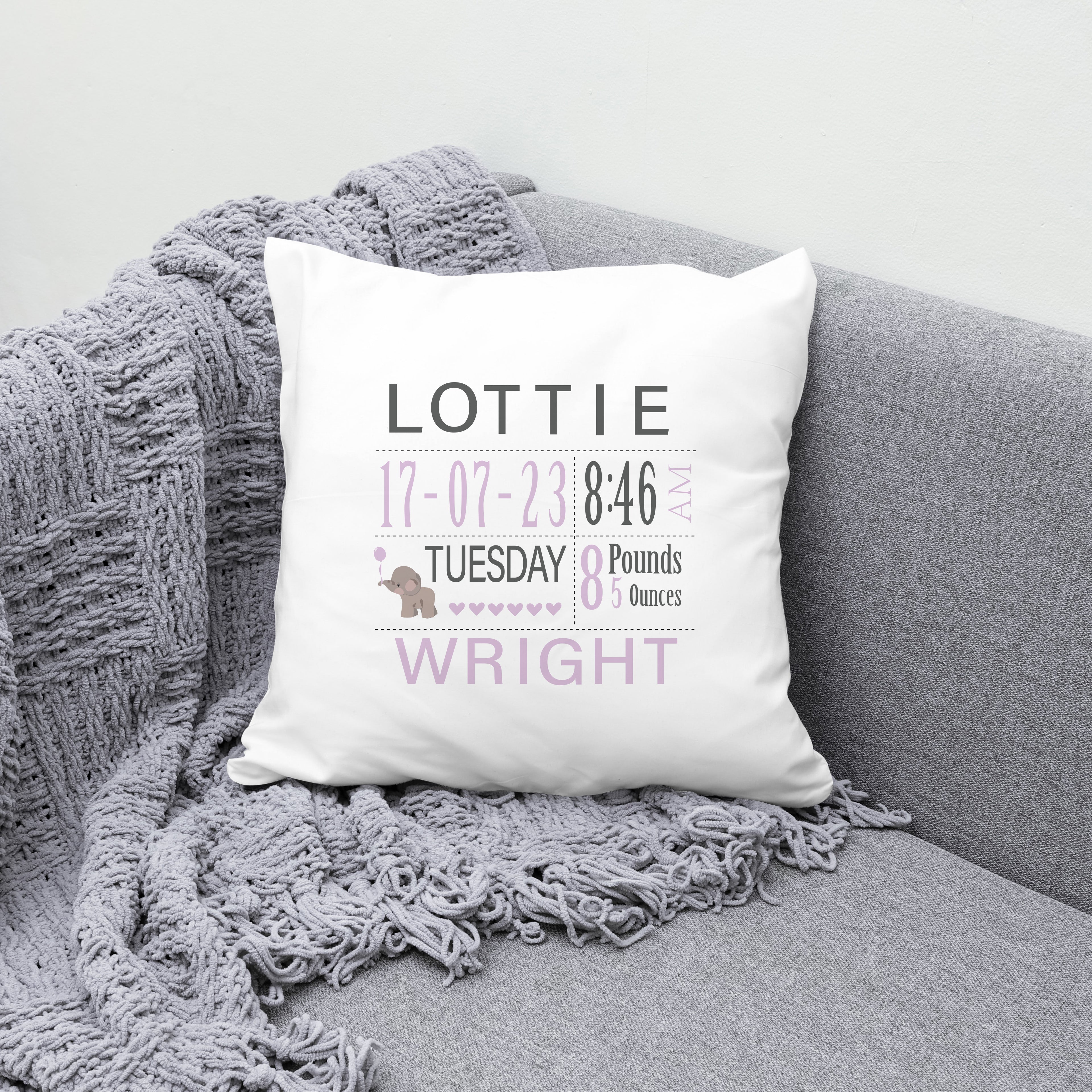 Personalised New Baby Cushion Birth Announcement