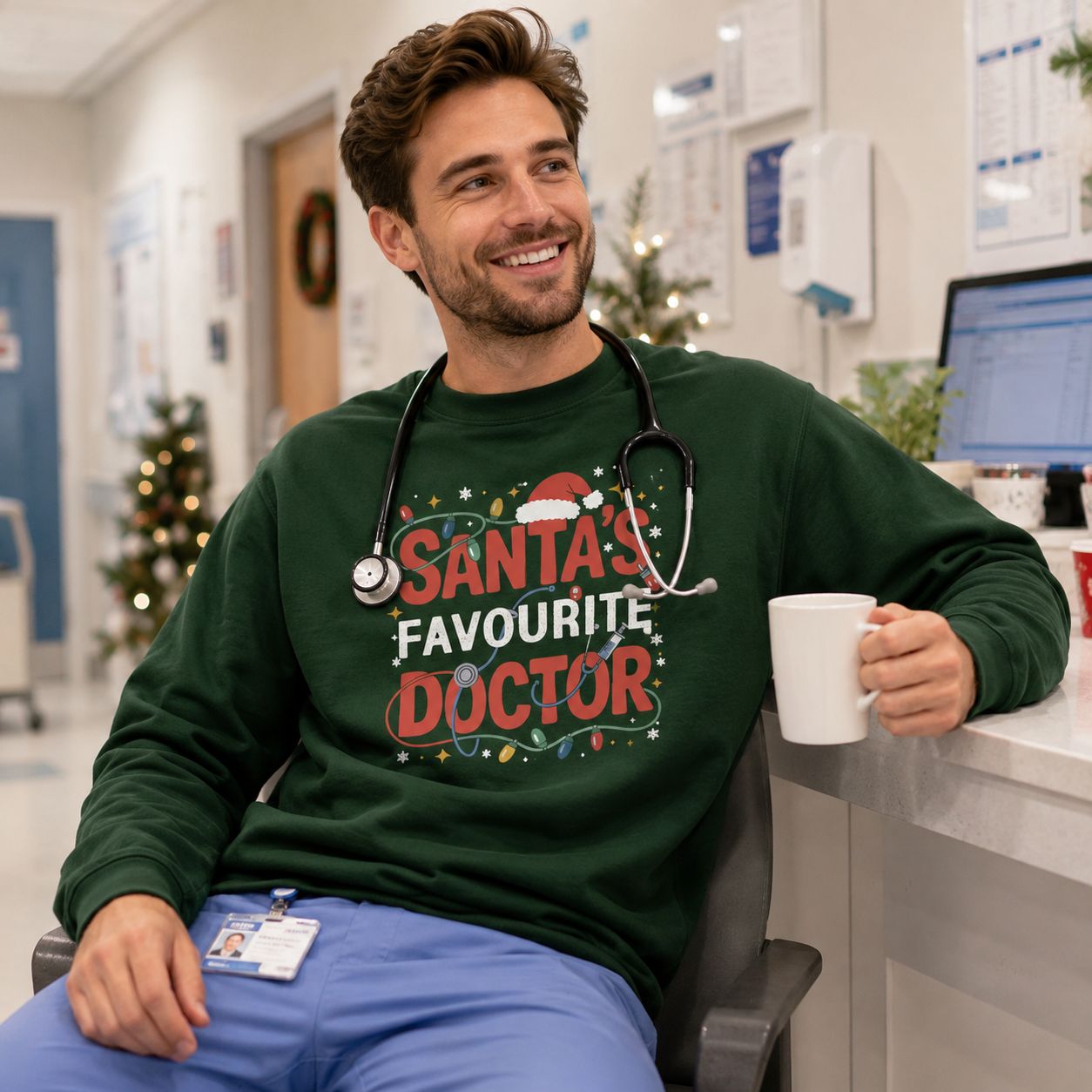 Male doctor with a stethoscope holding a mug wearing a green Santa's Favourite Doctor Christmas sweatshirt