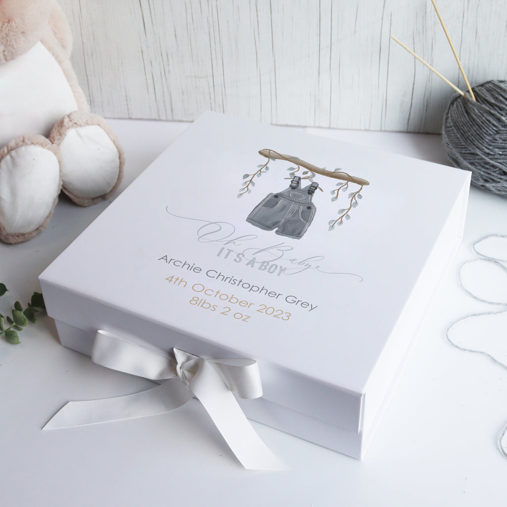 Personalised white luxury baby gift box with hand-drawn watercolour bear design, perfect as a newborn gift or baby shower keepsake.