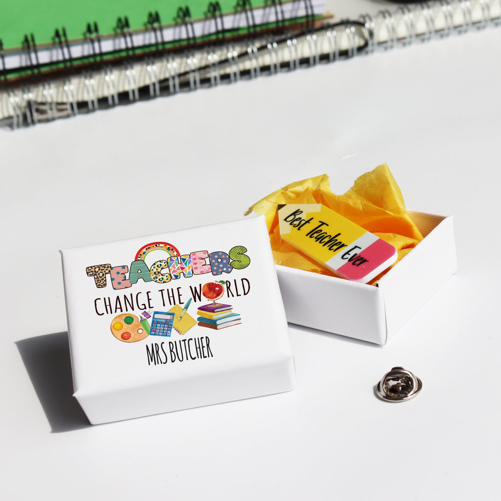 Teacher pin badge gift, personalised mini box with “Teachers Change the World” message.