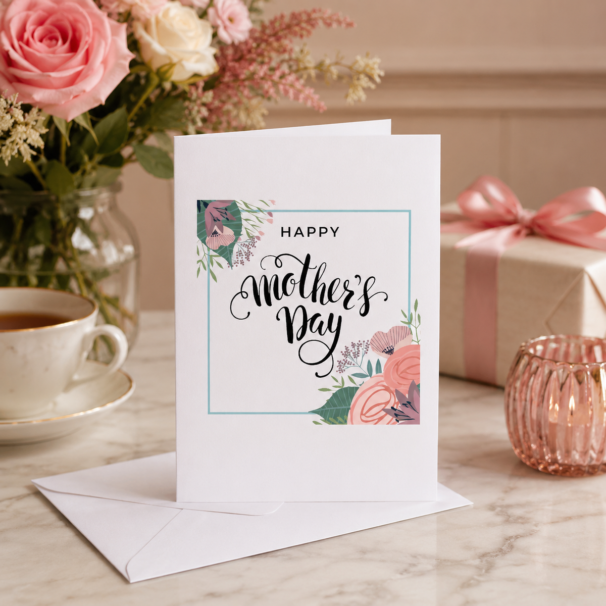 'Happy Mother's Day' card with elegant script and a floral border