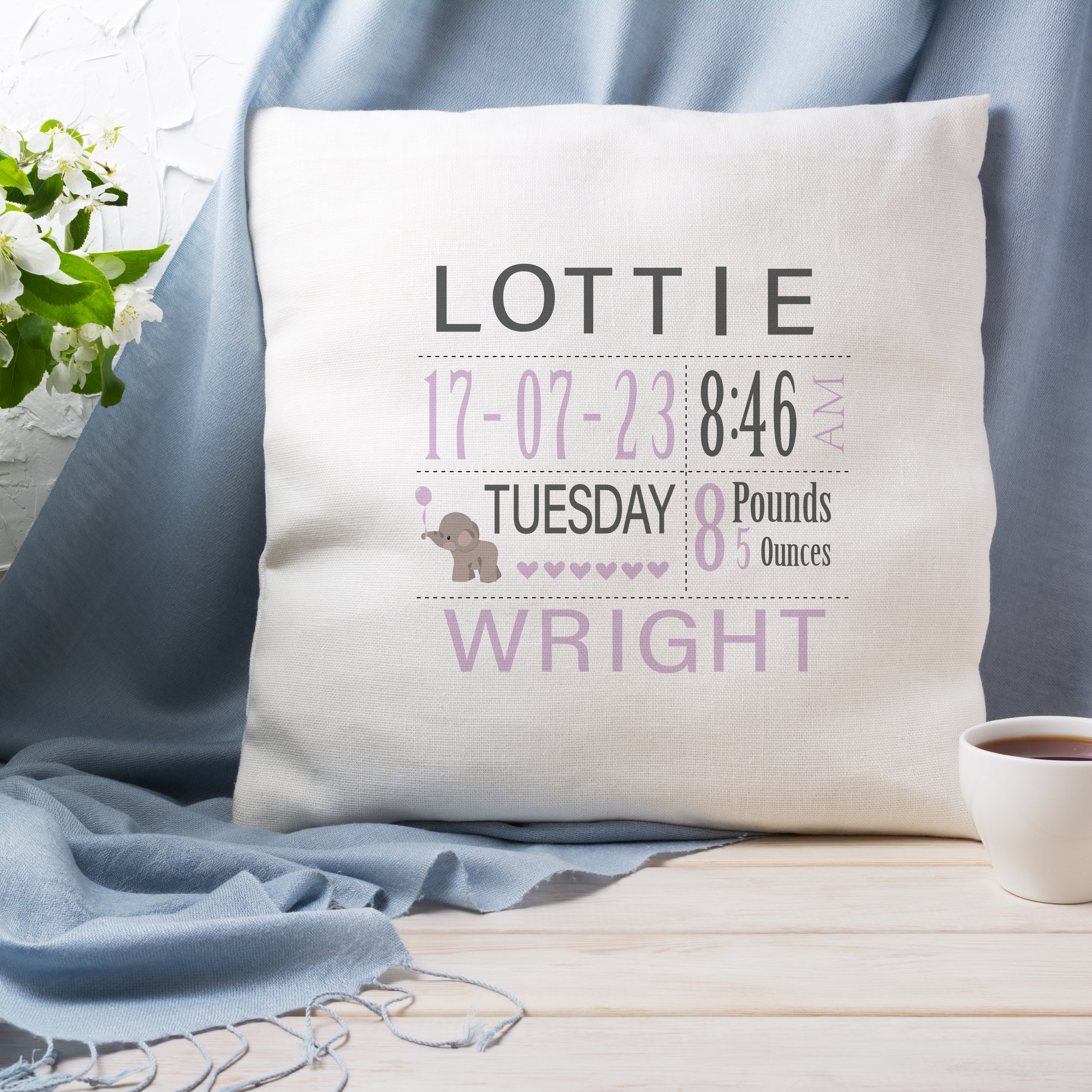 Personalised New Baby Cushion Birth Announcement