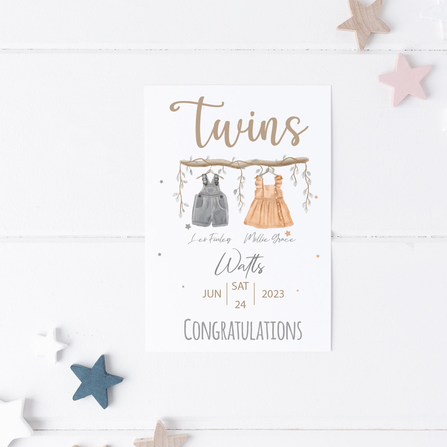 Hand-crafted personalised baby card featuring whimsical twin illustration.
