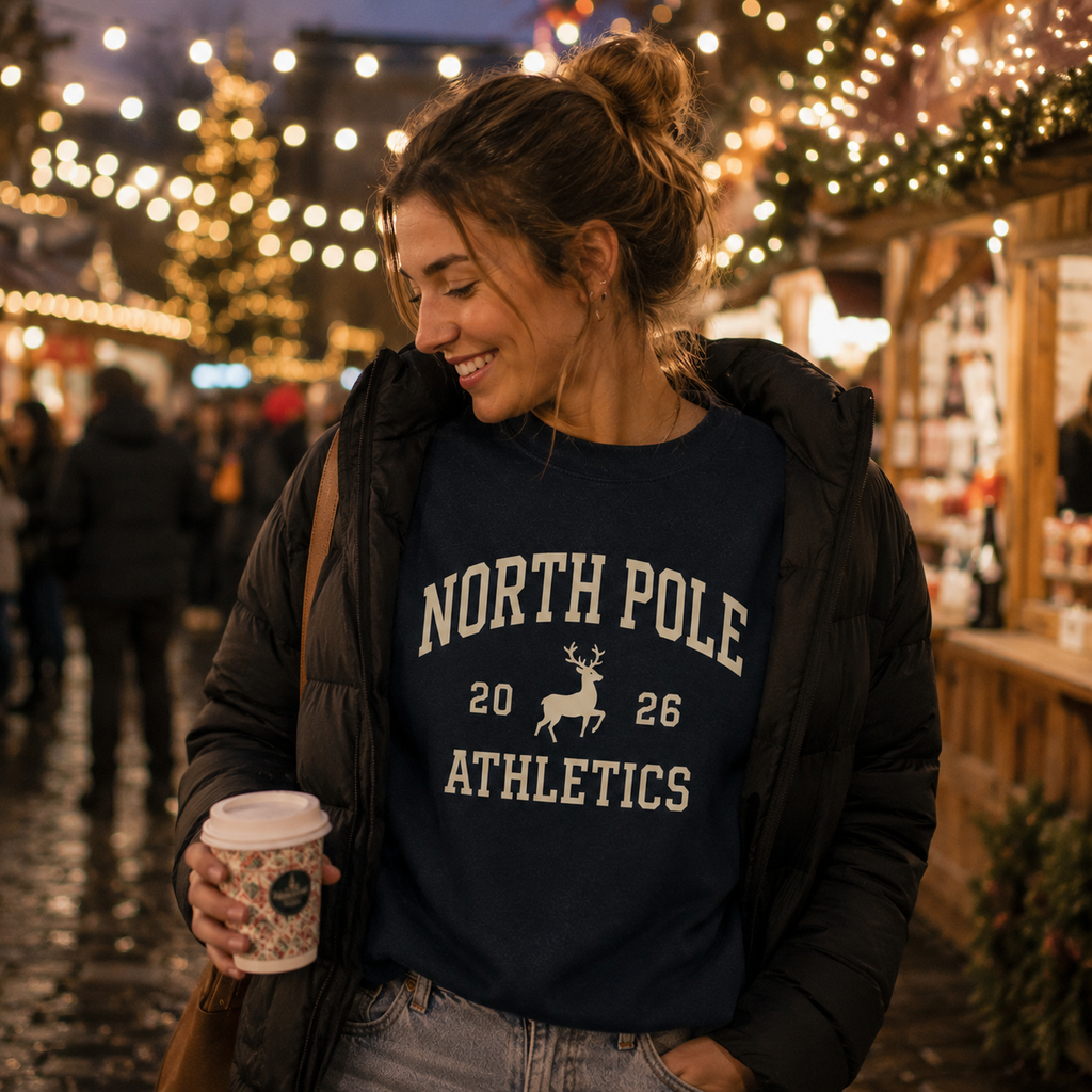 Personalised North Pole Athletics Christmas Jumper, Navy Varsity Print