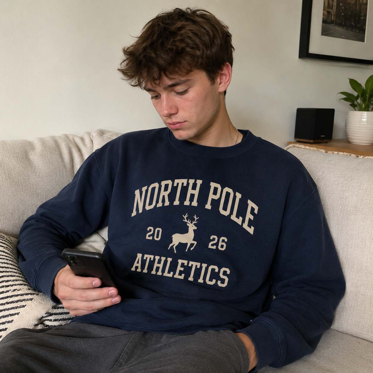 Personalised North Pole Athletics Christmas Jumper, Navy Varsity Print