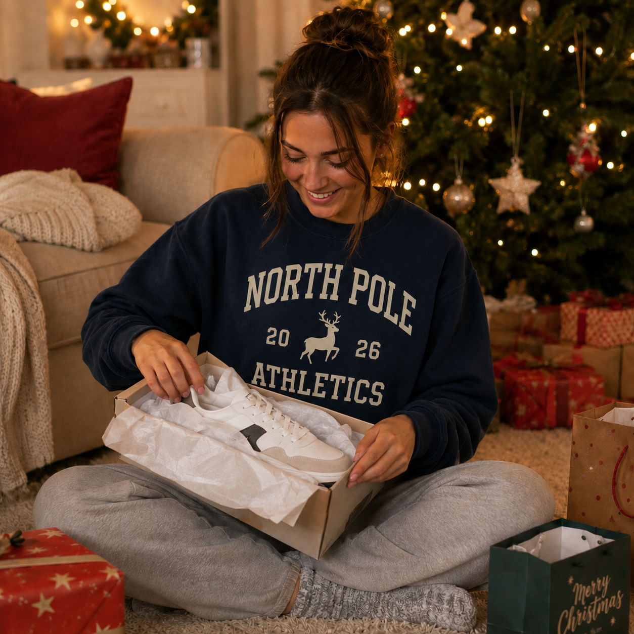Personalised North Pole Athletics Christmas Jumper, Navy Varsity Print