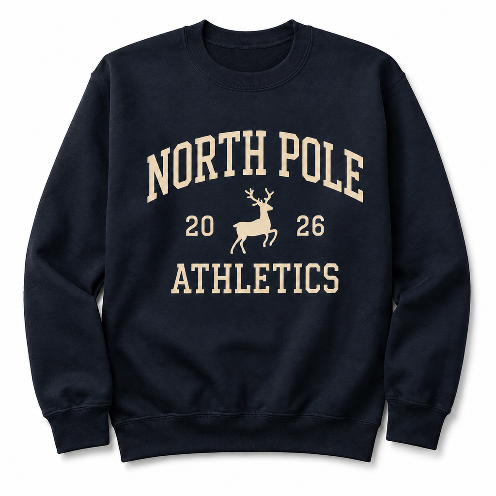 Personalised North Pole Athletics Christmas Jumper, Navy Varsity Print