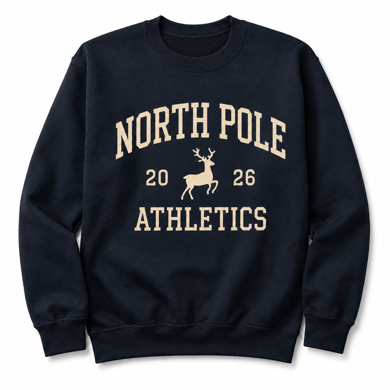 Personalised North Pole Athletics Christmas Jumper, Navy Varsity Print