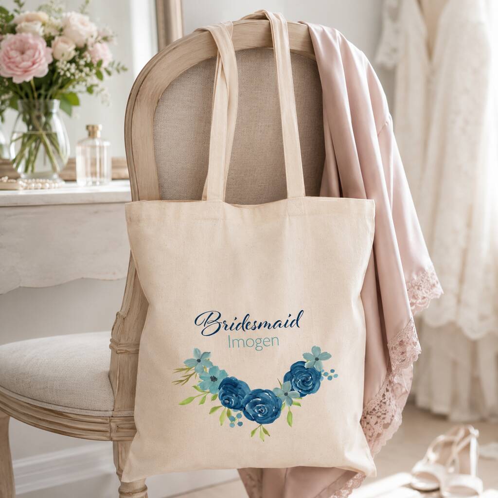 Personalised Blue Floral Bridal Party Tote Bag