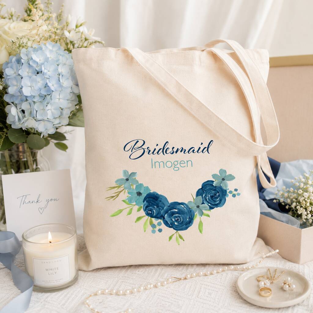 Personalised Blue Floral Bridal Party Tote Bag