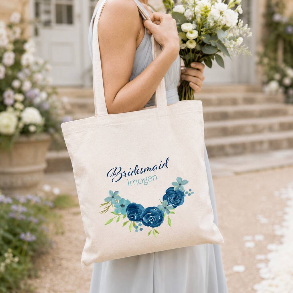 Personalised Blue Floral Bridal Party Tote Bag