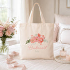 Personalised Peach Floral Bridal Party Tote Bag