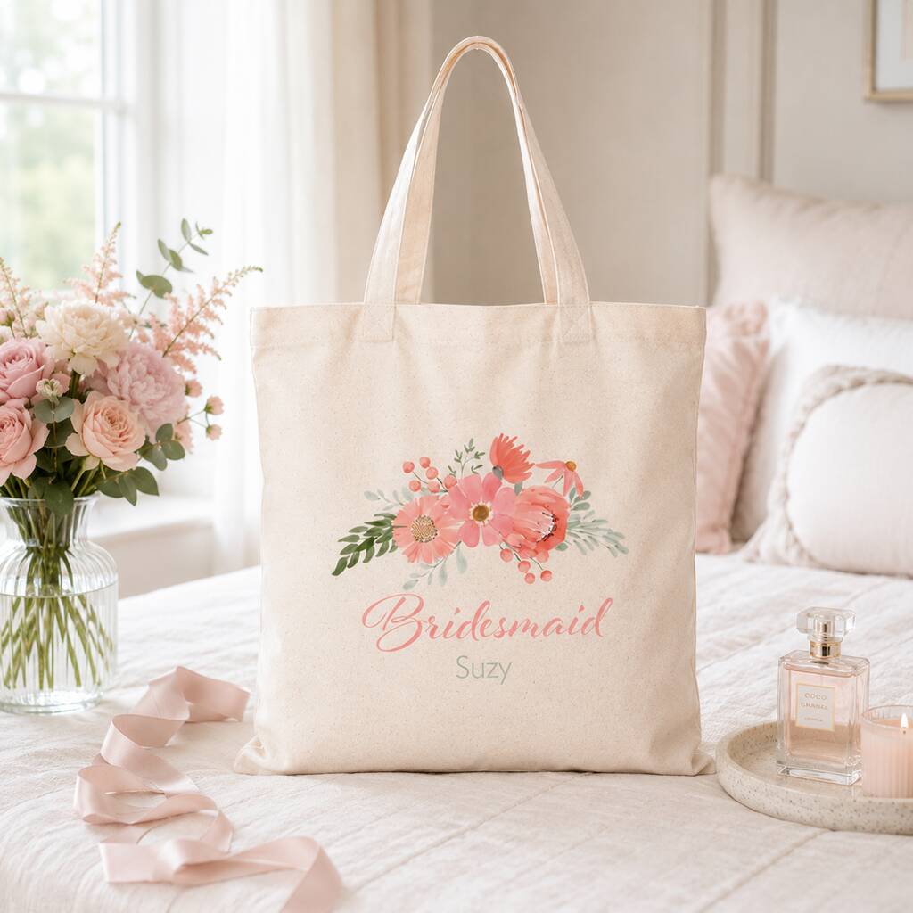 Personalised Peach Floral Bridal Party Tote Bag