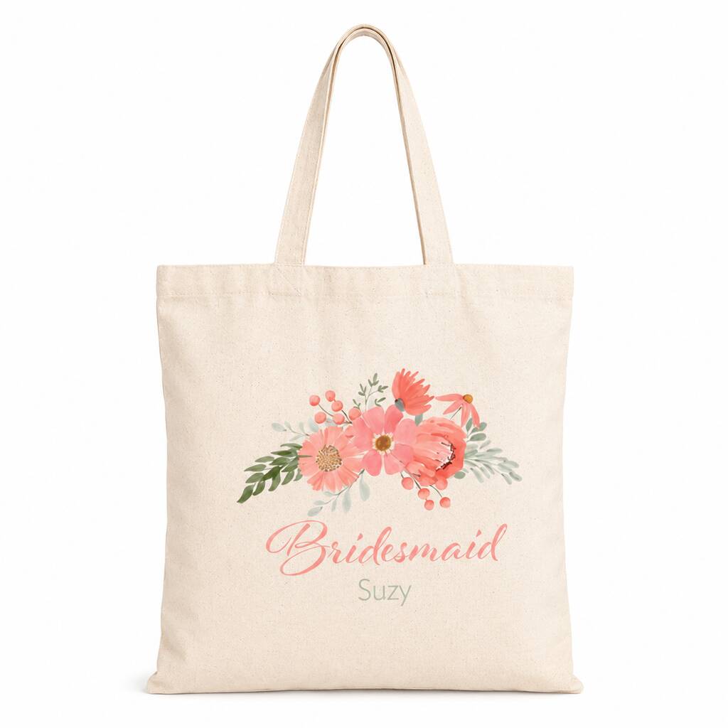 Personalised Peach Floral Bridal Party Tote Bag